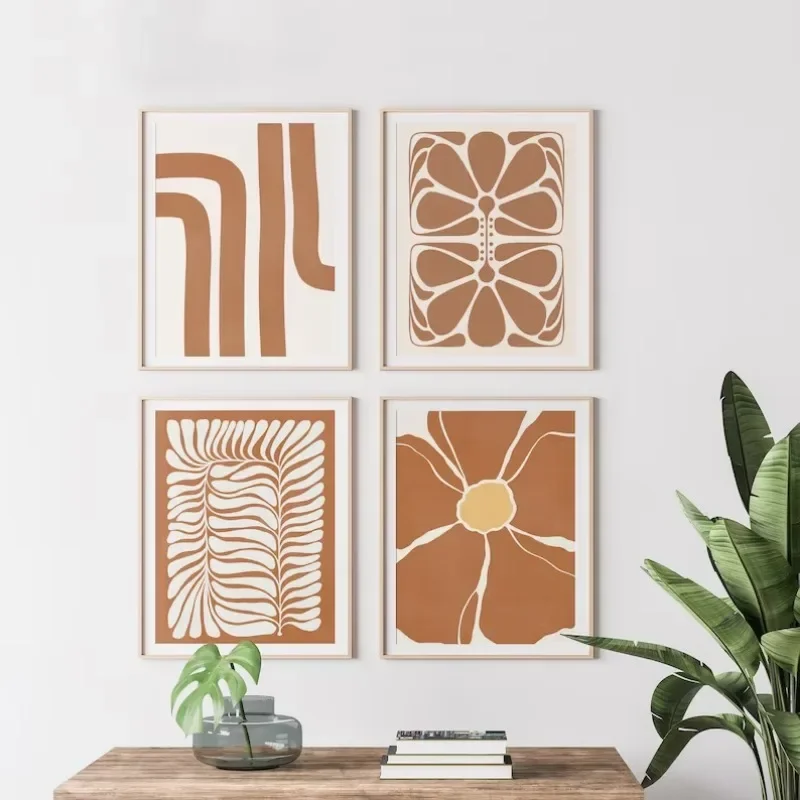 لوحة قماشية بوهيمية لتزيين المنزل ، أرض نوردية ، برتقالية محترقة ، طباعة تراكوتا ، ملصق معرض ، فن حائط ملون ، غرفة نوم دافئة #4