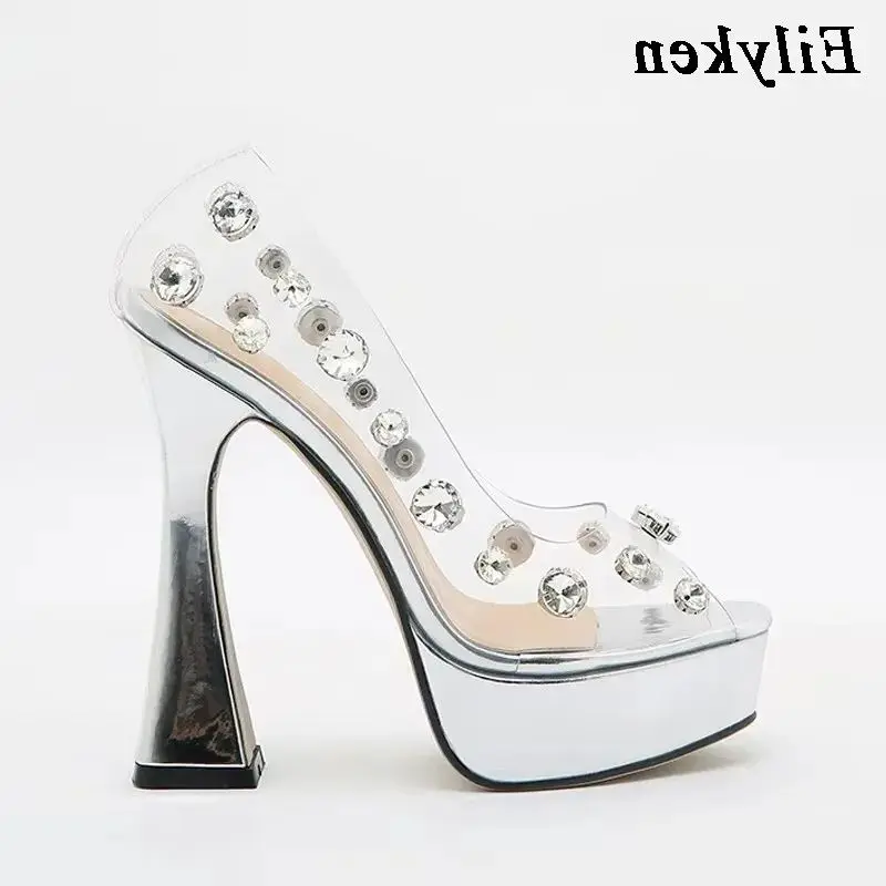 Eilyken Design Rivet Crystal PVC Transparent Women Pumps Open Toed High Heels Sandals Sexy Night Club Wedding Platform Shoes