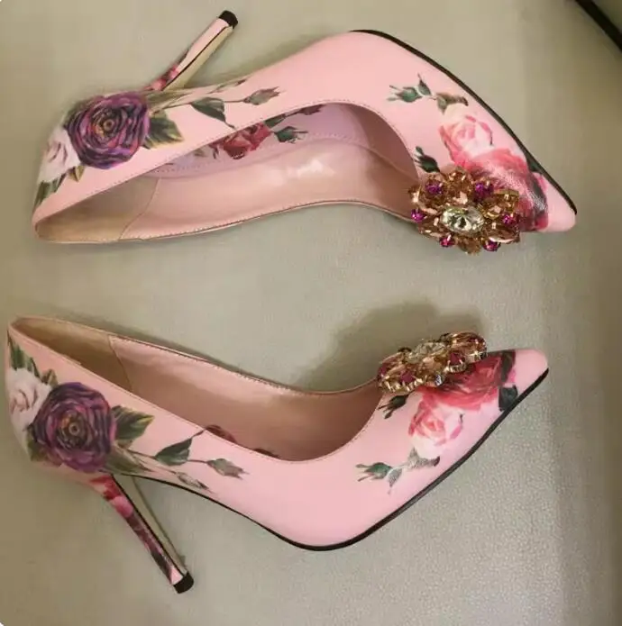 Beauty peony Flower PrintIng leather Bridal Pumps Diamond  Pointed Toe High Heels Gem Crystal Slip on Party Dress Shoes Woman