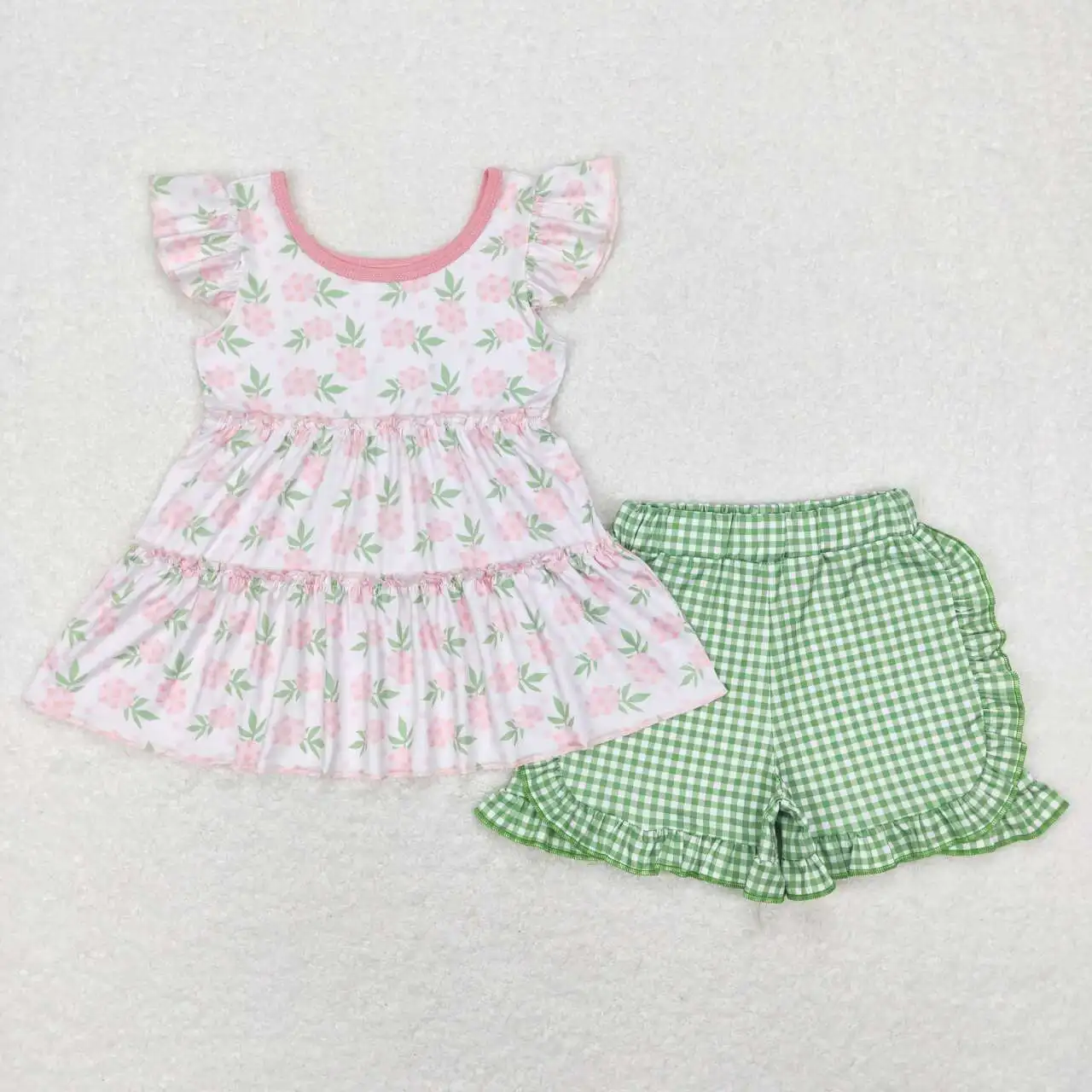 Wholesale hot sale Kids Baby Girls Clothes Children's clothing Pink flowers White flying sleeves green plaid shorts suit