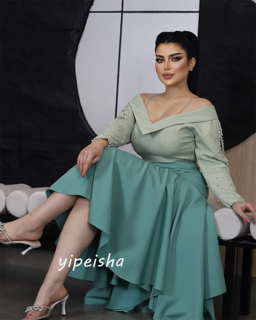 Jiayigong High Quality  Evening Jersey Draped Beading Pleat Birthday A-line Off-the-shoulder Bespoke Occasion Gown Midi Dresses