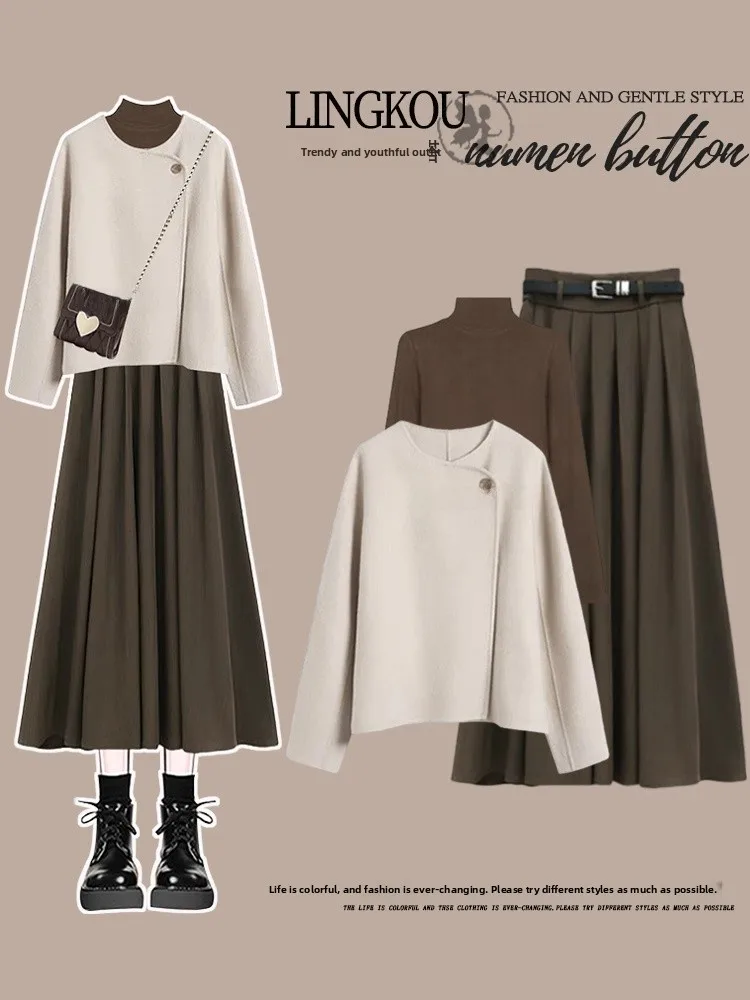 

Women's plus Size Autumn Profional Suit Woolen Coat Base irt High Waist Slimming Vintage Skirt Tee Piece Set