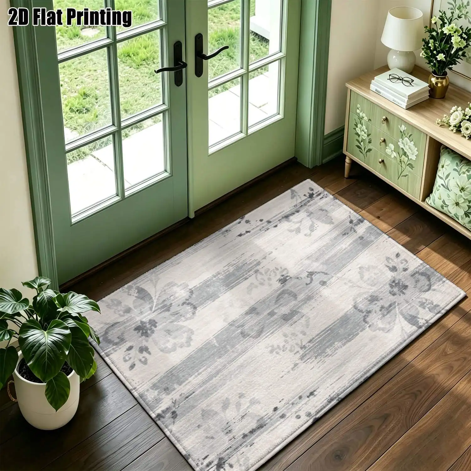 1Pc 2D Printed Light Gray Floral Striped Nordic Modern Minimalist Geometric Striped Home Carpet, Multiple Sizes, Machine Washable, for Living Room, Bedroom, Dining Room, Entrance, Study