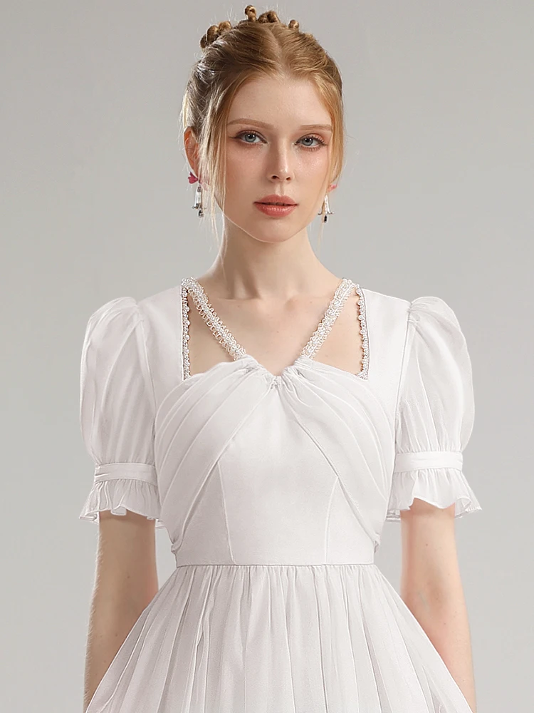 Sweet Romantic Short Sleeve Pleated Dress Women 2024 Summer Heavy Industry Bead Necklace Organza Fresh Commuter Slim White Dress