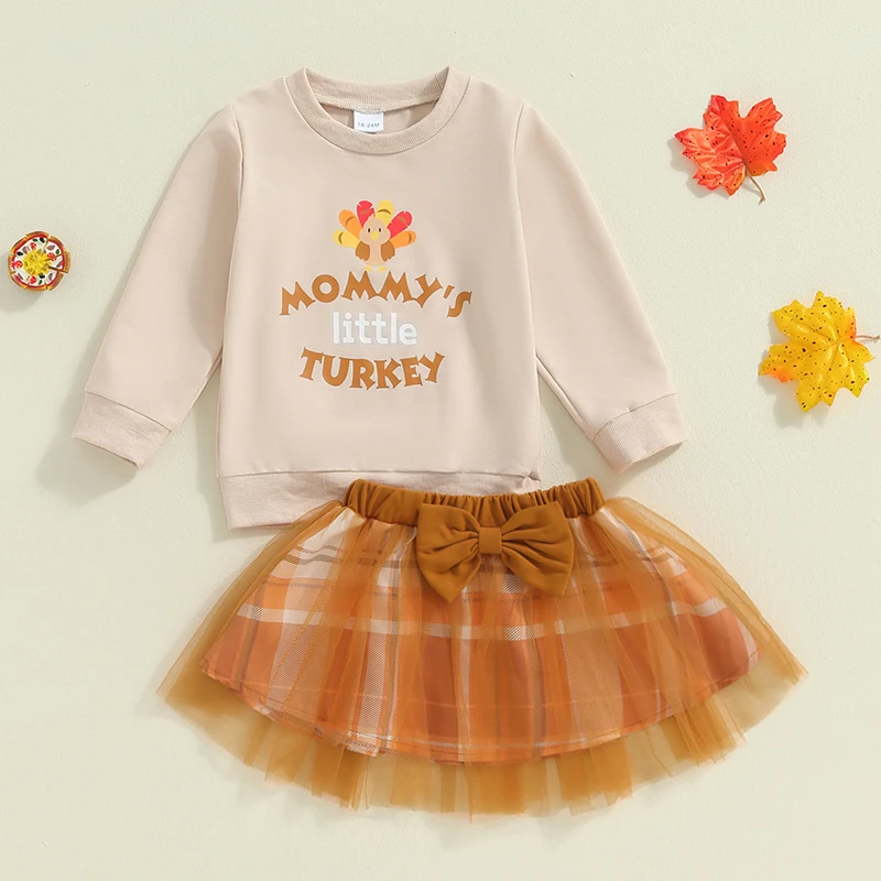 2024-05-23 Lioraitiin Kids Girls 2-piece Outfit Long Sleeve Letter Print Sweatshirt with Plaid Tulle Skirt Thanksgiving Clothes