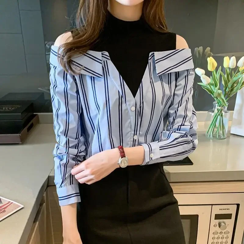 Fake Two Pieces Chiffon Silk Blouse for Women Off Shoulder Top Cool Blue Stripe Cotton Satin Shirt Woman Particular Trends Youth