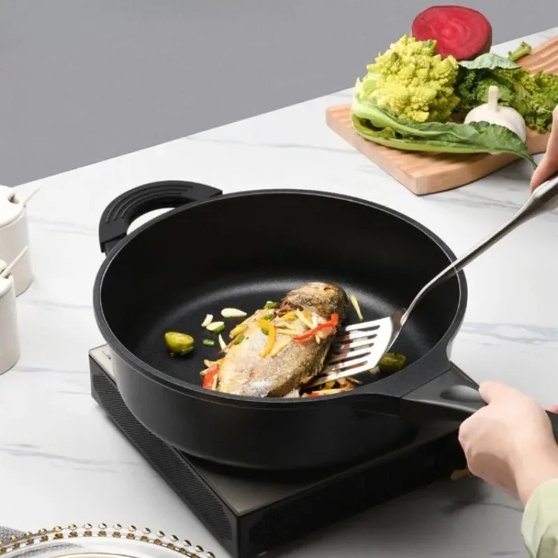 Non-Stick Wok Induction, Smokeless Ceramic Frying Pan for Gas, Multi-Purpose Cookware with Lid, Healthy Oil Free Pot for Kitchen