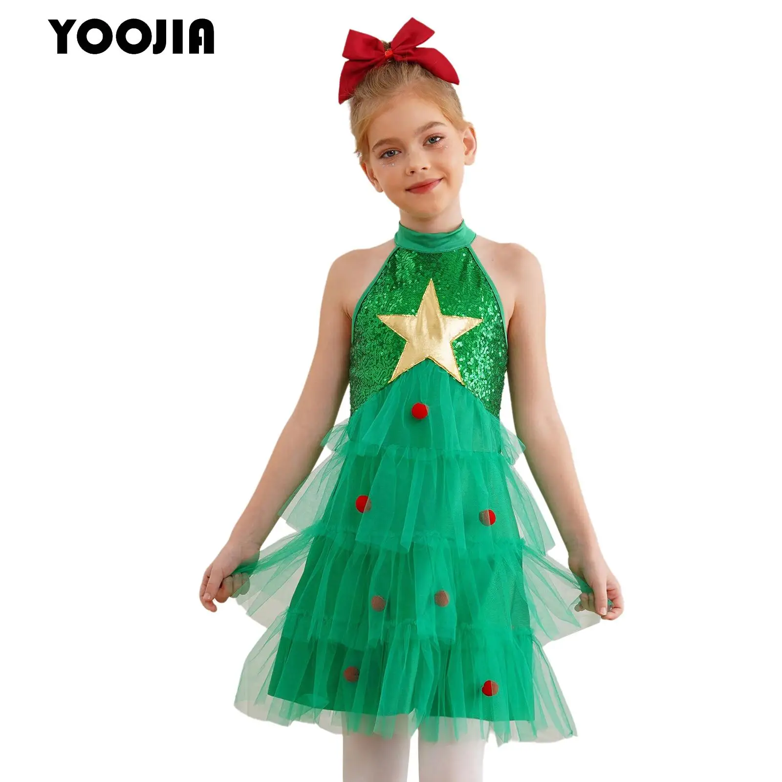 

Kids Girls Green Christmas Tree Costume Sleeveless Sequins Tiered Mesh Tutu Ballet Dance Dress New Year Party Elf Fancy Dresses