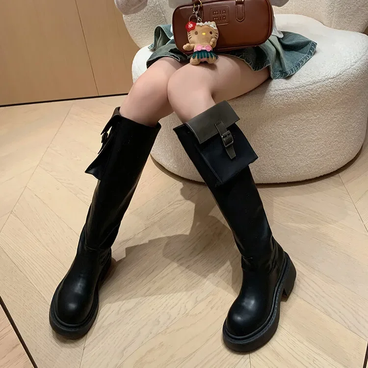 Brand Design Leather Custom Tooling Pocket Locomotive Boots Retro Round Head Square Heel Height Increase Sexy Women's Boots