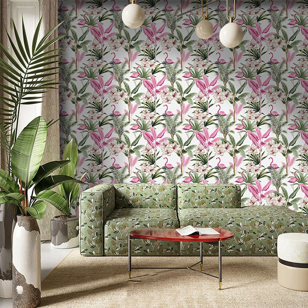 Watercolor Flamingo Tropical Peel And Stick Wallpaper Removable Green Pink Vinyl Self Adhesive Palm Leave Wallpaper Shelf Liner