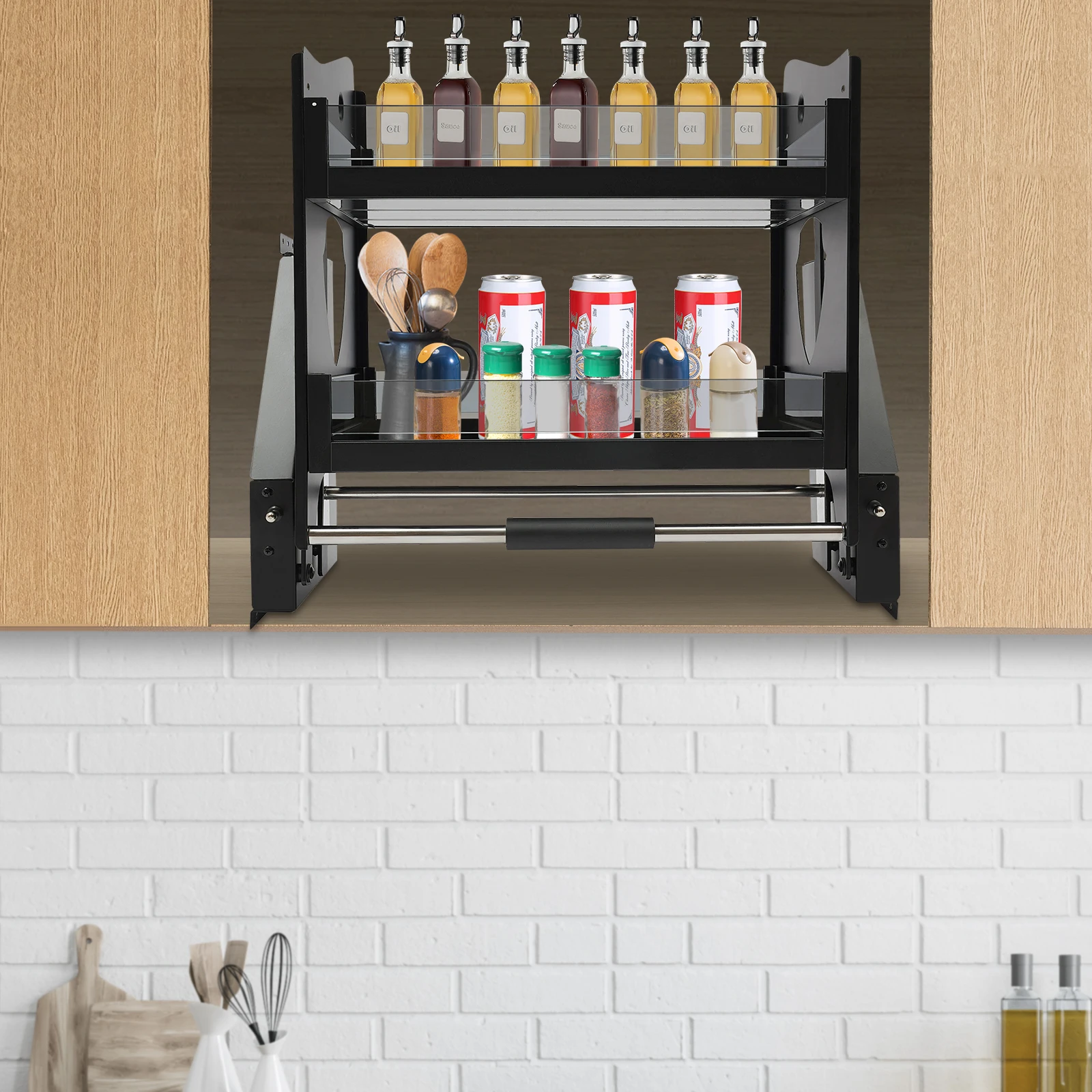 Pull-down Cabinet Organizer, 2 Tier Kitchen Cabinet Pull Down Shelf, Spice Rack Organizer for Kitchen Cabinets