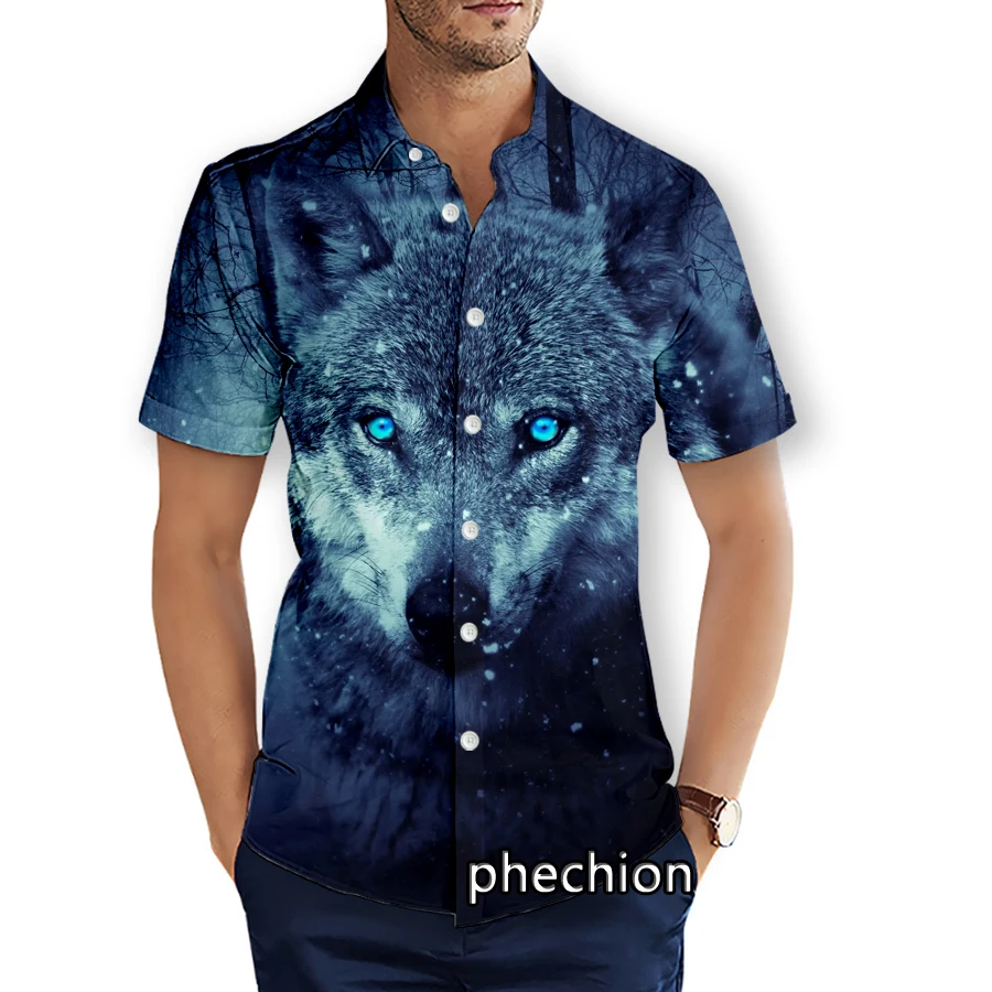 

phechion Summer Mens Short Sleeve Beach Shirts Wolf 3D Printed Casual Shirts Fashion Streetwear Men Tops X69