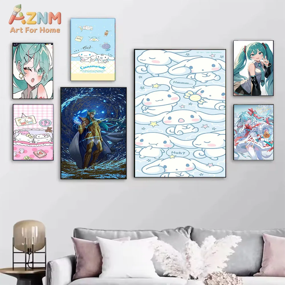 AZNM Hatsune Miku Saint Seiya Cinnamoroll Hello Kitty Anime Canvas Wall Art Print Home Decor Painting