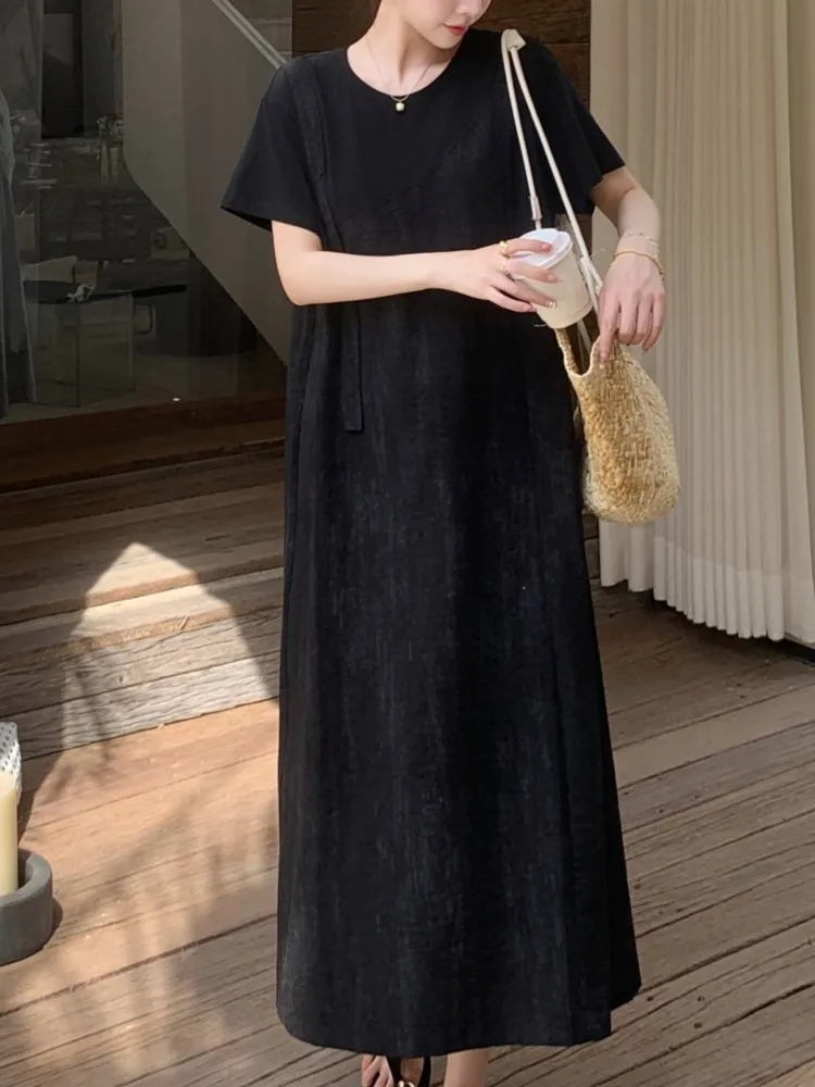 Summer Patchwork Black T Shirt Dress Women Loose Elegant Vintage Ladies Dresses Vestidos 2025 New