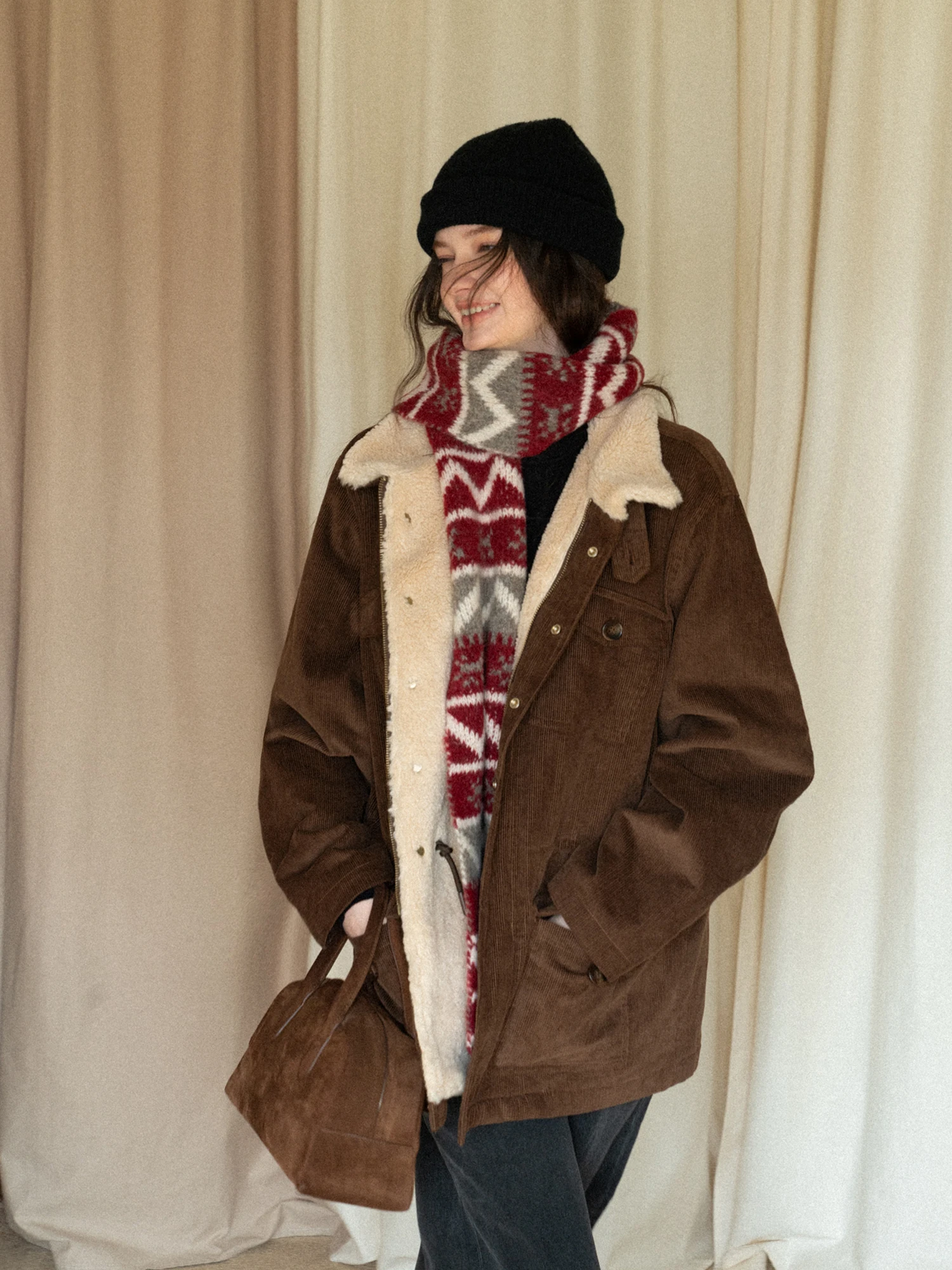 Eggka Coffee Retro Corduroy Stand Collar Jacket Women's Loose Personality Coat Warmth Long Sleeve Button Closure  Color
