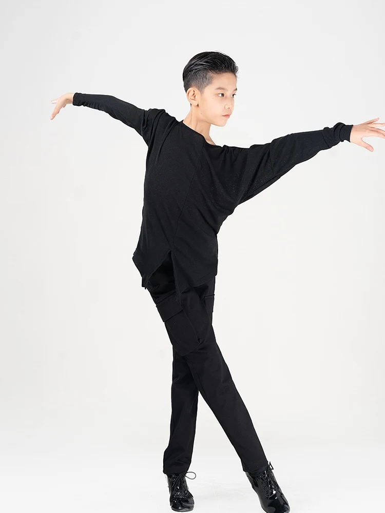 Boys Latin Dance Performance Wear Black White Bat Sleeve Tops Pants Rumba Tango Waltz Dancing Clothes Practice Wear VDB8044