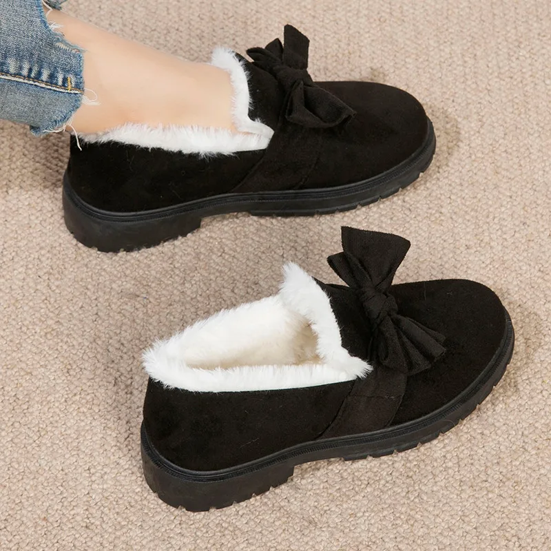 Winter New Ladies Cotton Shoes Plush Warm Non-slip Female Casual Shoes Woman Bowknot Short Snow Boots Mom Comfy Furry Loafers