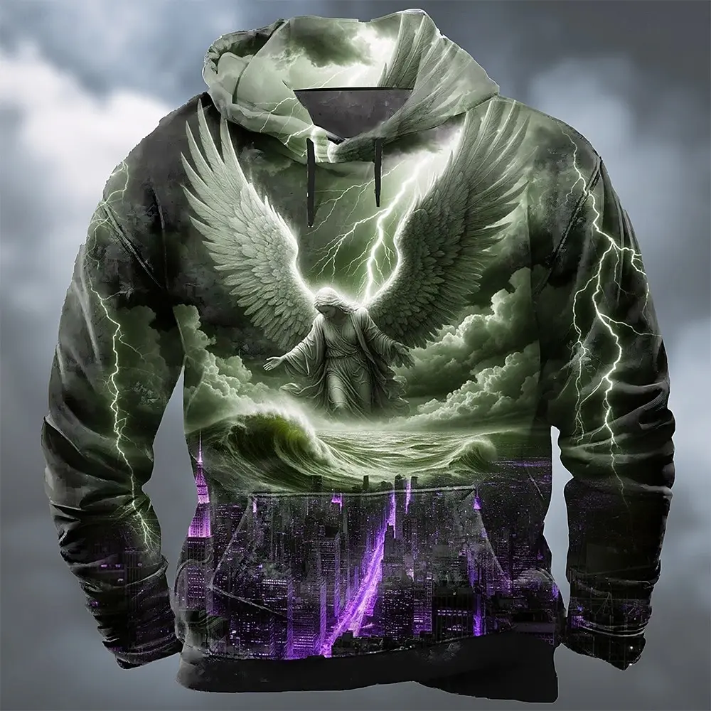 3Men 3D All Over Print Hoodie Angel Wing Lightning Ocean City Building Graphic Long Sleeve Streetwear Pullover Sweatshirt