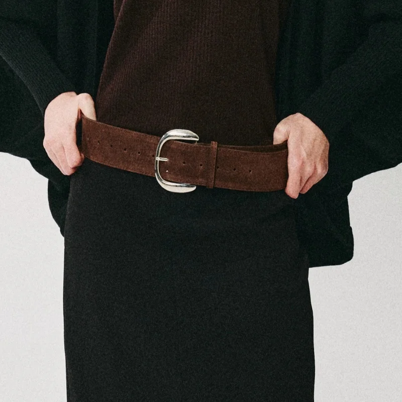 여성용 천연 가죽 와이드 벨트 - 빈티지 스웨이드 가죽 허리 벨트, 드레스와 바지용 금속 버클 포함