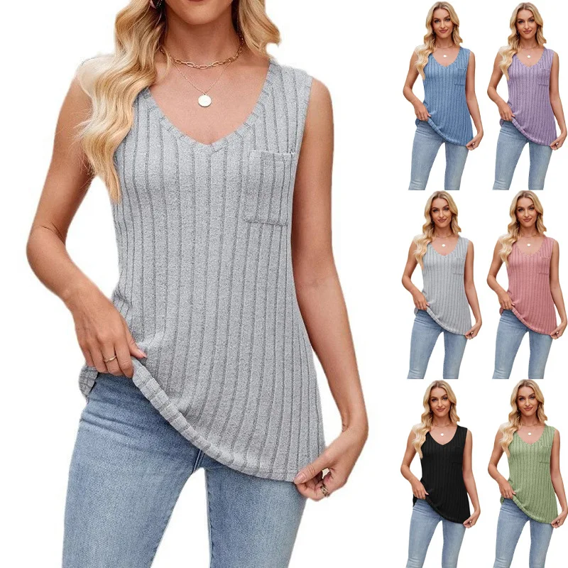 

Women's Sleeveless Knitted Vest Slim Solid Color Ribbed V-Neck Tank Tops Lightweight Casual Stripes Pullover Sweater Vests