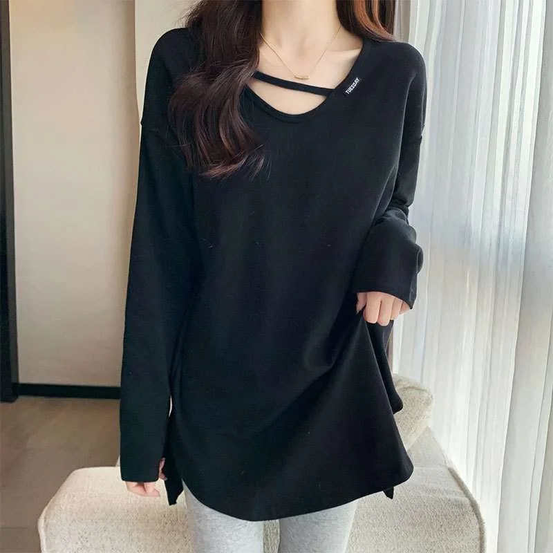 

Cotton Long Sve T-irt Women's Spring Autumn New Mi U-Ne Splice Pure Color Mid-Length Casual Comfortable Breathable