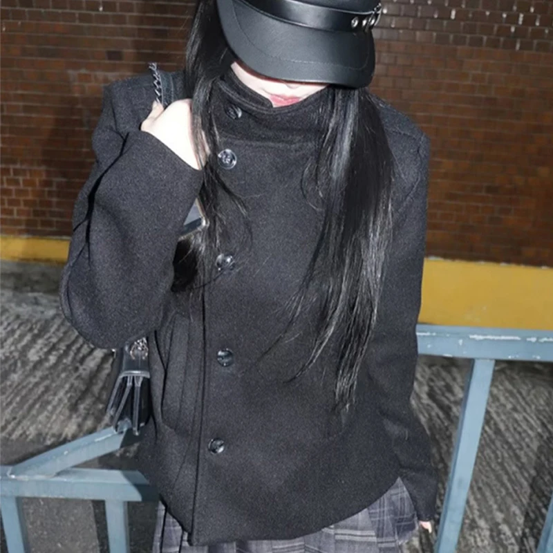 Autumn and winter fashion new Korean dark academic style high collar diagonal buckle women's slim sweater coat