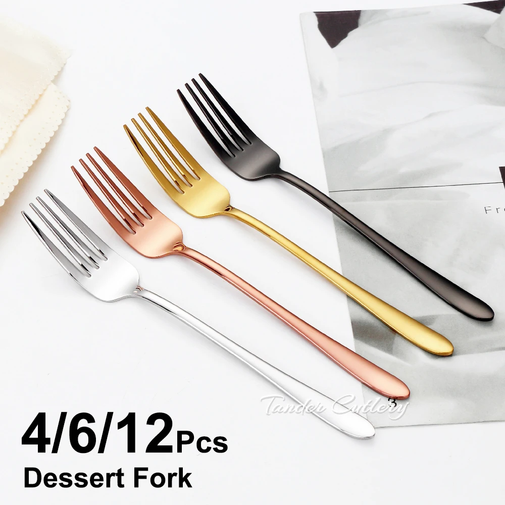 4/6/12 Pieces Gold Dessert Fork Set Stainless Steel Fruit Fork Ice Cream Cake Tea Fork For Tea Party Mirror Sliver Tableware