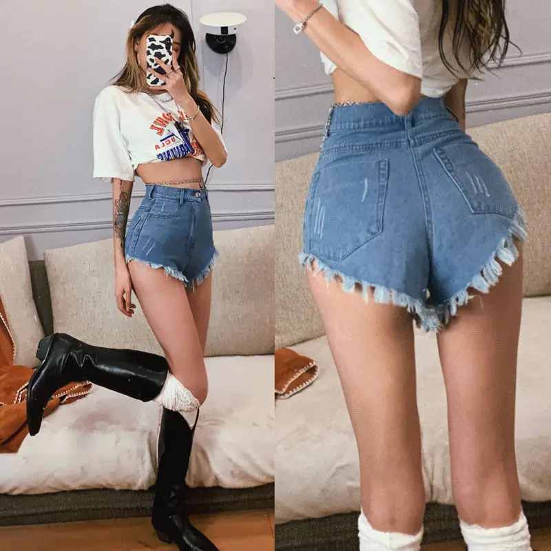 

2024 New Fashion High Waist Jeans Ladies Streetwear Solid Color Women's Clothing Summer Slim Zipper Trousers Patchwork Shorts