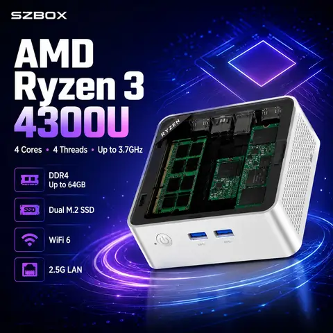 SZBOX Z43 AMD Ryzen 3 4300U Mini PC 4C4T Up to 3.7GHz Dual 4K HDMI 2.0 2.5G LAN WiFi 6 DDR4 64GB
