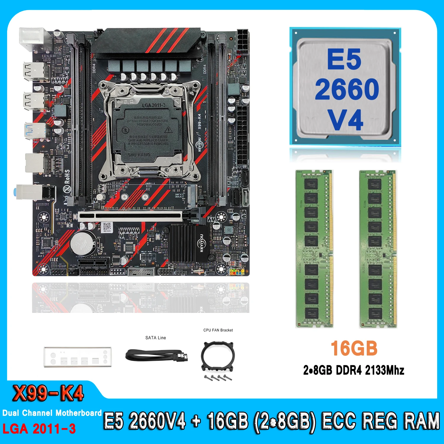

X99 K4 Motherboard Set E5 2660 V4 Processor LGA 2011-3 Kit with 16GB(2*8GB) DDR4 2133MHz ECC RAM Support NVME M.2 E5 2660V4 Set