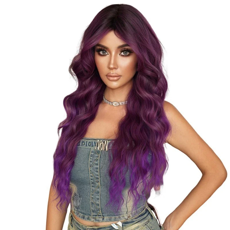 Monet purple  gradient long curly hair big waves naturally fluffy full head