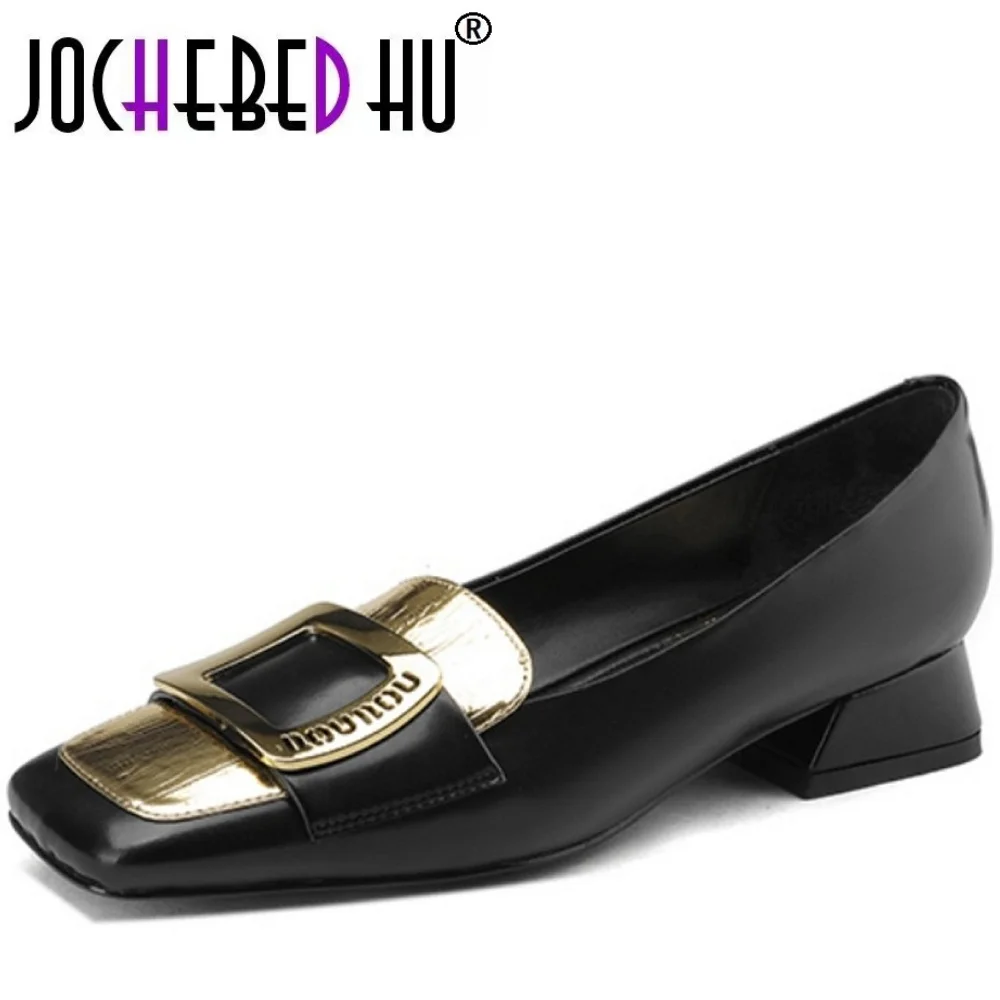 【JOCHEBED HU】Women's Handmade Genuine Leather Commute Professional Work Shoes Stand Long Time Not Tired Mid Heel Soft Bottom