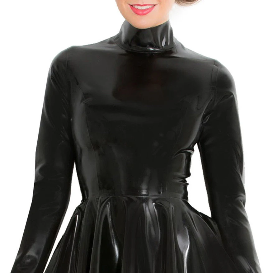 Sexy Women Men Latex Rubber Dance Dress Long Sleeves with Back Zip to Waist Handmade S-LD214