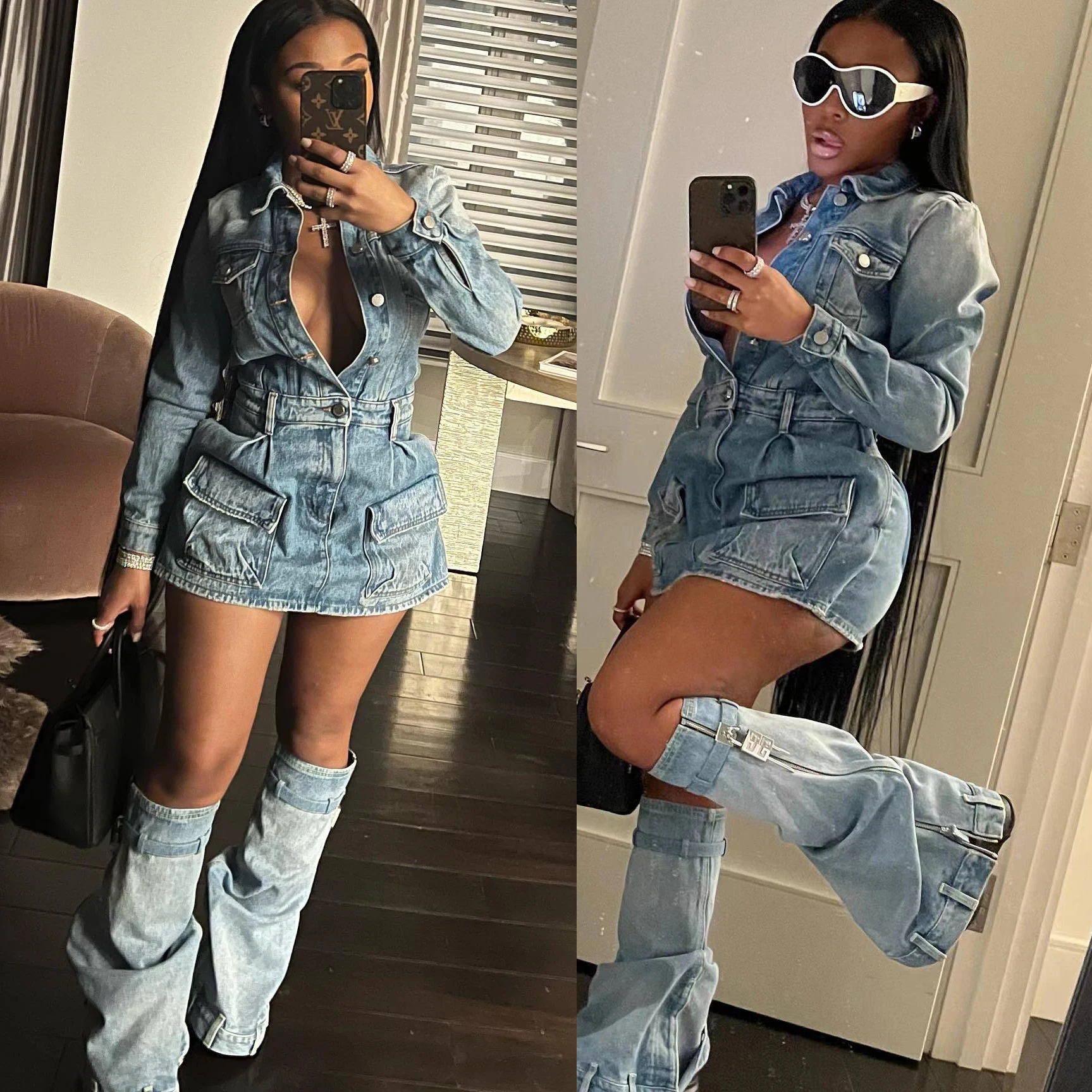 Denim Pocket Jean Jackets Dress 2 Piece Skirt Sets 2023 Winter Fall Y2K Streetwear Sexy Elegant Cargo Denim Two Piece Skirt Set