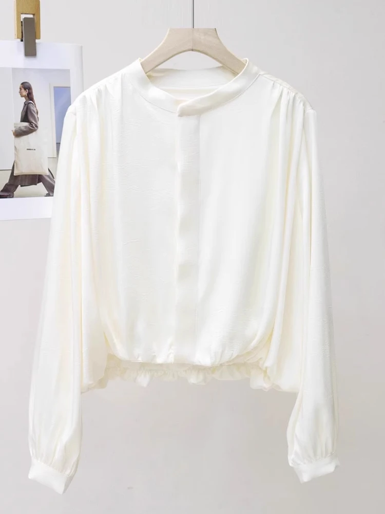 Długi, luźny top damski z satyny acetatowej, zapinany na jeden guzik, wyszczuplający, casualowy, jedwabny, idealny do pracy.