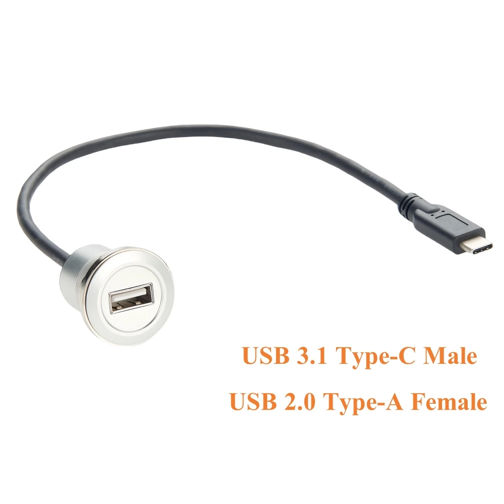 

USB 3.1 Type-C Male to USB 2.0 A Female Flush Panel Mount Cable Threaded Type-A to USB C Extension Cord for Data Transfer/Charge