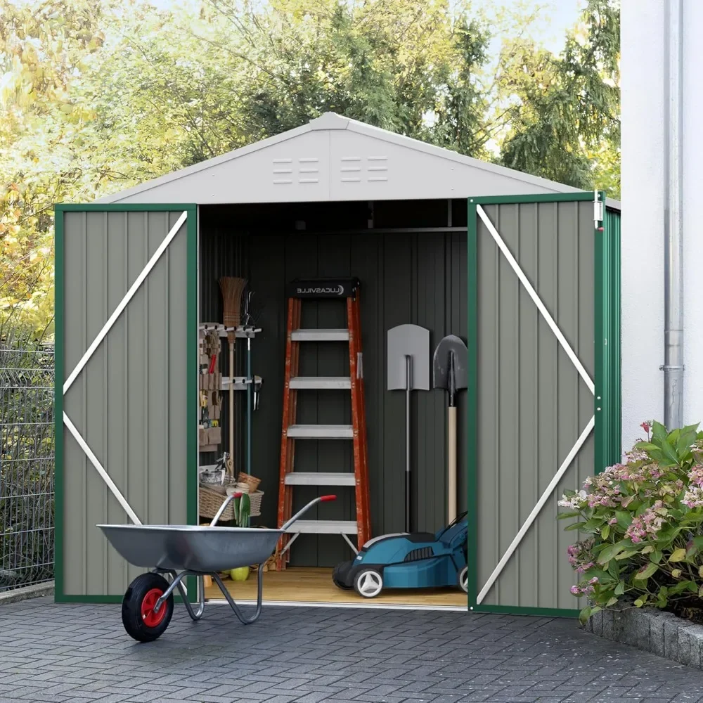 Metal Outdoor Storage Shed 6 x 8 FT Metal Shed with Lockable Door,Waterproof Garden Tool Shed Storage House, Green