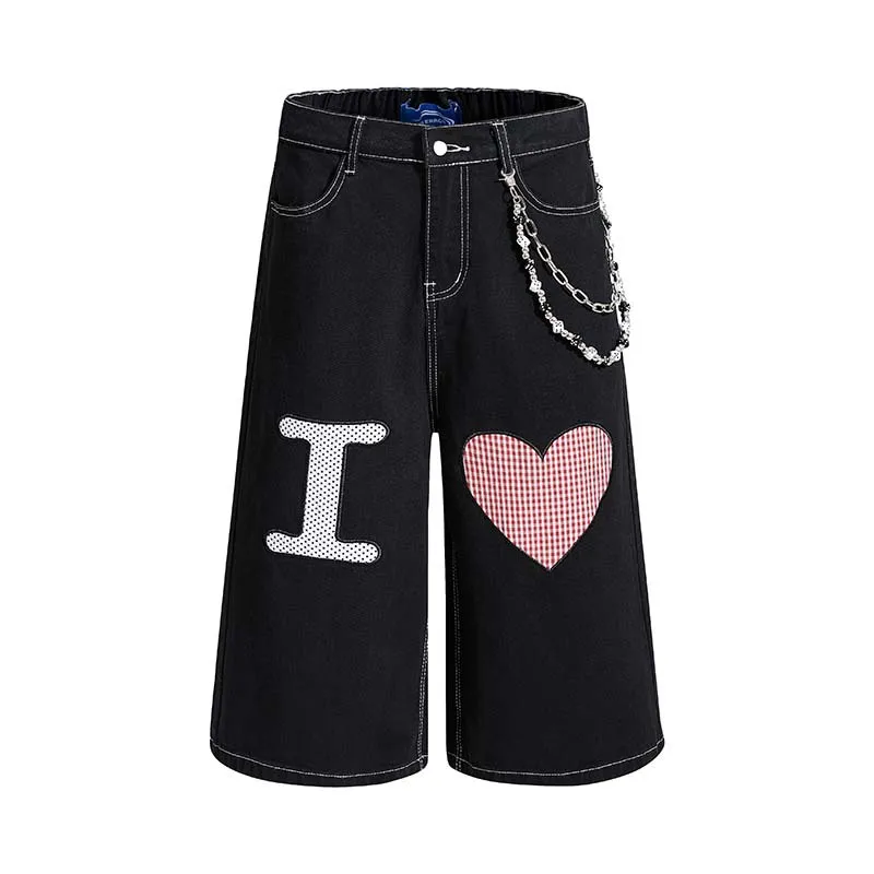 

Men's Summer Short Jeans With Heart Embroidery Fashion Loose Fit Denim Shorts With Chains Baggy Y2K Shorts For Male