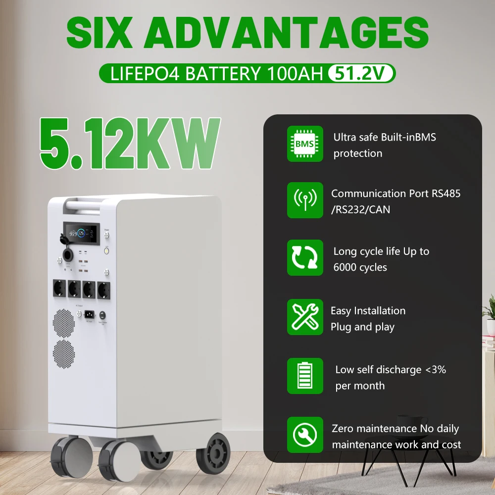 Portable Power Station 5000W LiFePO4 48V 100Ah 5Kwh 6000W MPPT Inverter With Light 18W-USB EU AC Input/Output PV Input EU STOCK
