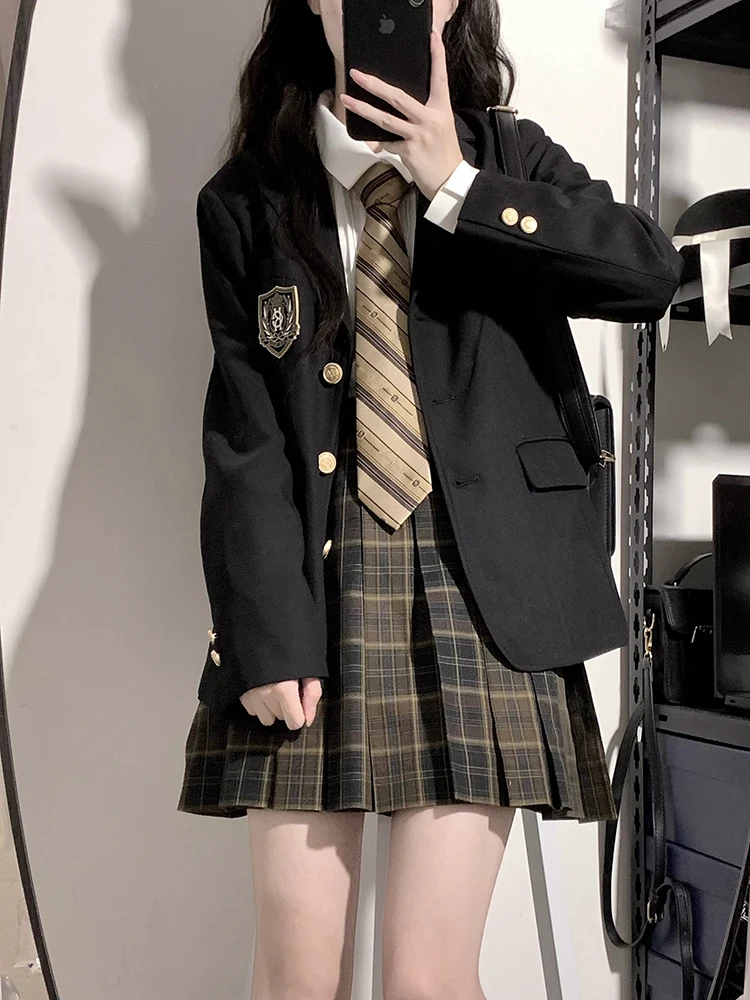 Original JK Uniform Blazer for Girls' School for College Style Suit Jacket Black Brown Loose Single Breasted Solid Color Coat