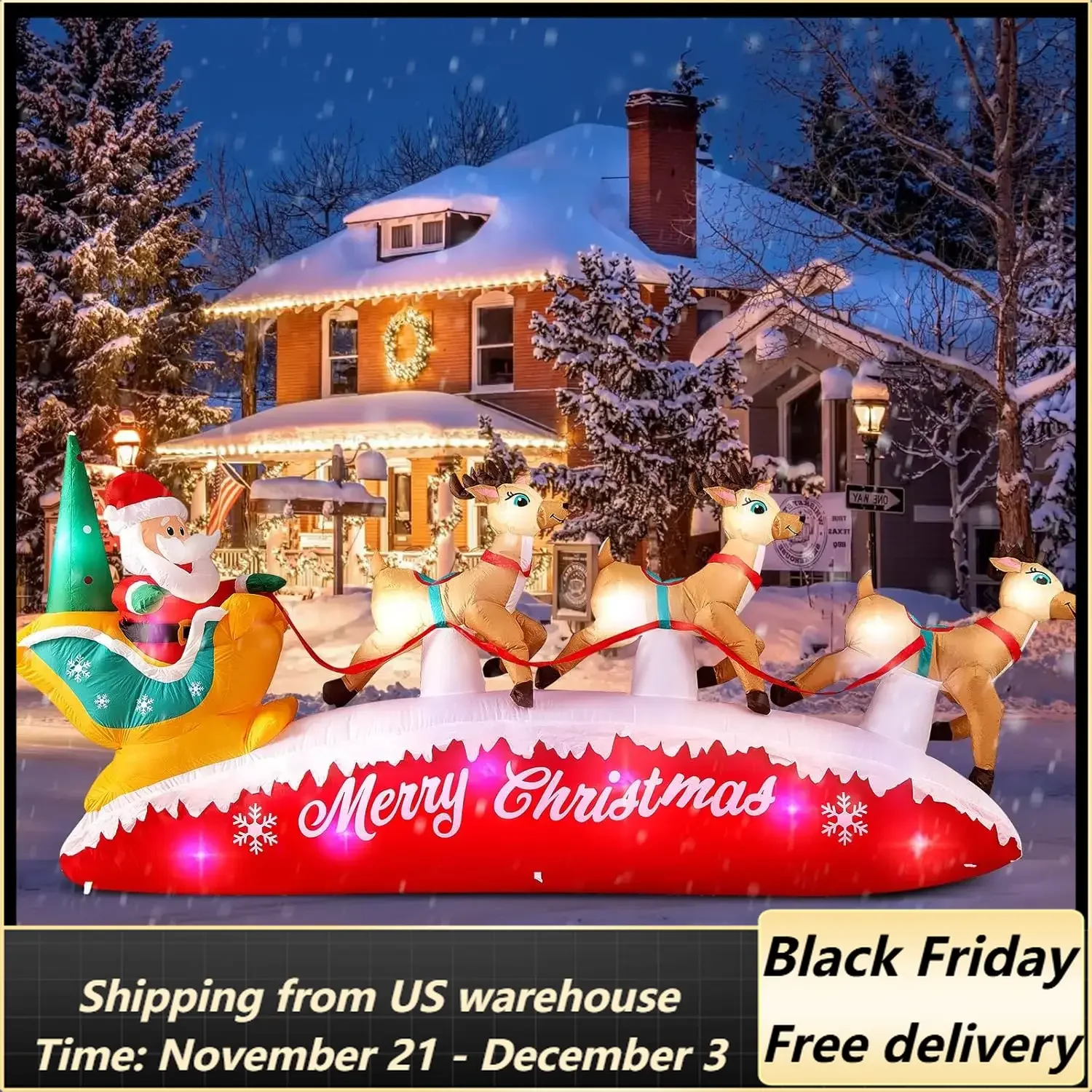 10FT Long Christmas Inflatables Santa Claus with Reindeer Sleigh Outdoor Decorations, Build-in Rotating Colorful LED