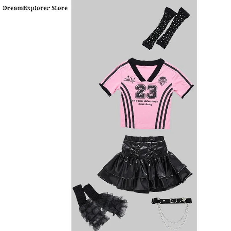 Girls K-pop Crop Top Cargo Pants Dance Tiered Skirts Children Pink Costumes Kids Hip Hop Streetwear Jazz Girl Group Clothes Sets image 3