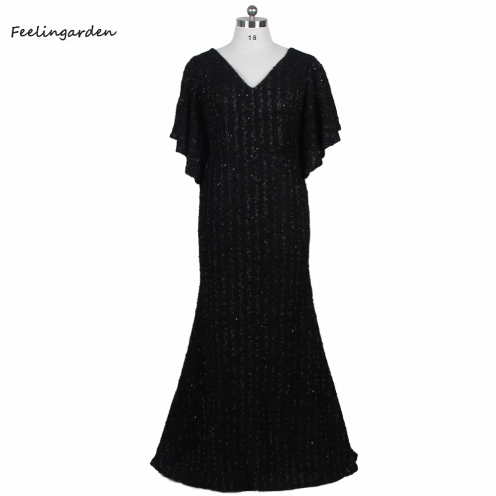 

Feelingarden Evening Dress Black Sequins Bling Ruffles Half Sleeve Mermaid V-Neck Robe De Soiree Plus Size Party Dresses DR1530