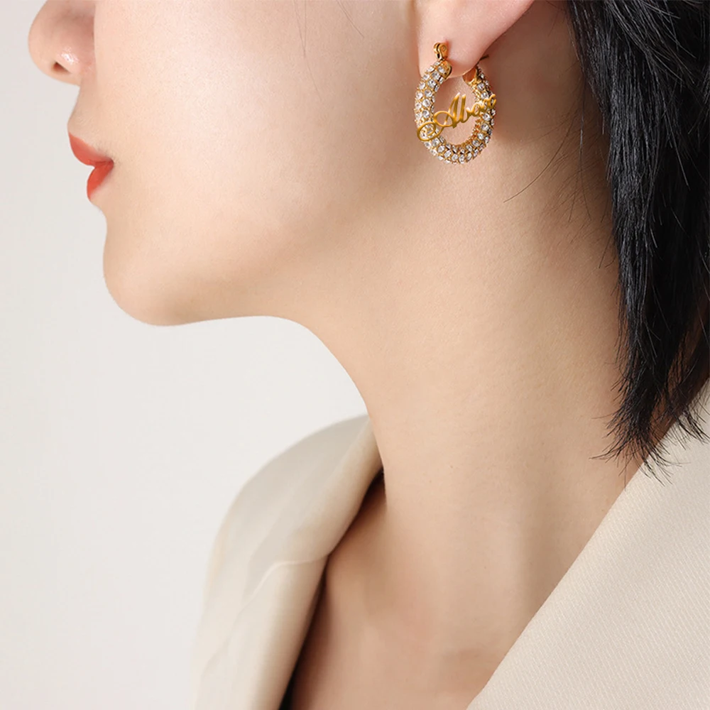 HIYONG Custom Name Plate Sparkling Earrings Personalized Mini Hoop 22mm Earrings Letter Zircon Stainless Steel Ear Jewelry