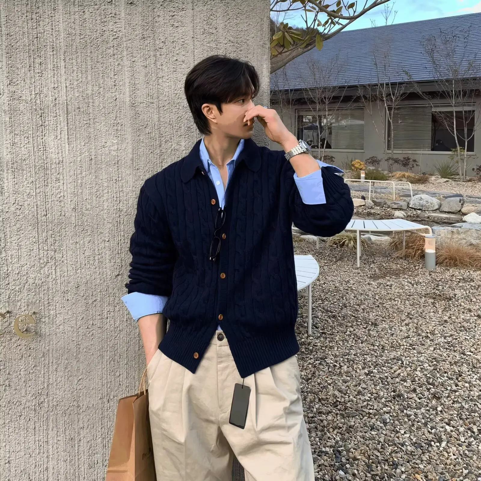 

Autumn Winter Large Size 300 Pounds Knitted Woolen V-Neck Sweater Coat Bright Thread Thin Style Men Korean Version Casual Wear