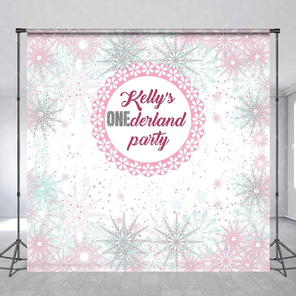 Customized Name Pink Snowflake 1st Birthday Backdrop for Girl, Winter Frozen Photography Background Party Wall Decor