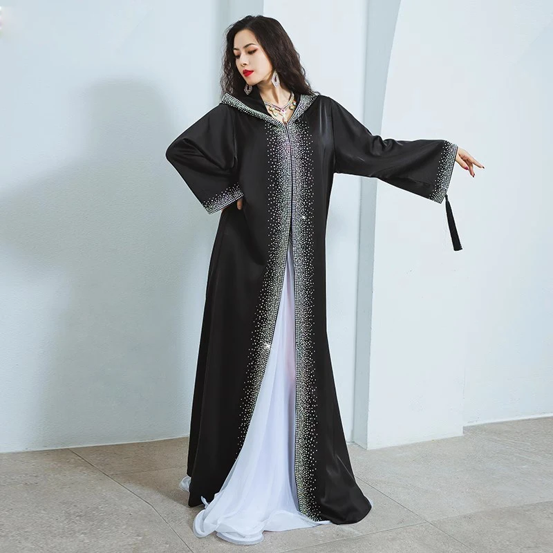 

Ablaze Jewel Drilling Black Long Dress Performance Cloak Warm Overcoat Long Sleeves Group Competition Maxi Dresses with Hat Robe