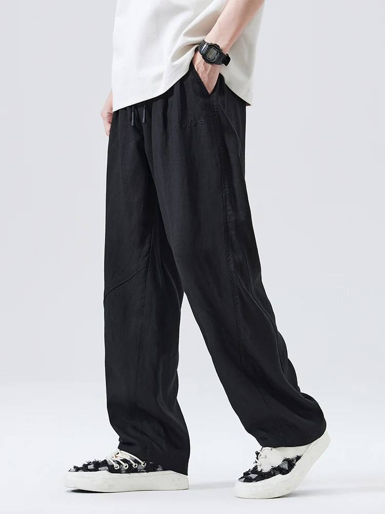 

Tongxianen Men's Casual Pants Summer Thin American Retro Loose Wide Leg Linen Straight Leg Pants Lightweight Cool