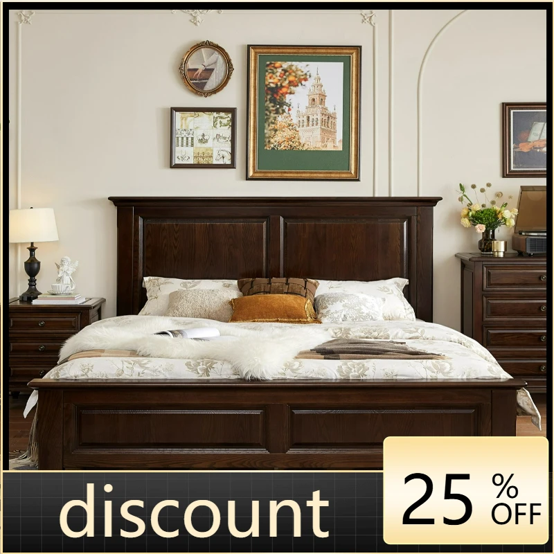 

LTT American all solid wood flat head bed simple master bedroom double bed retro box storage storage