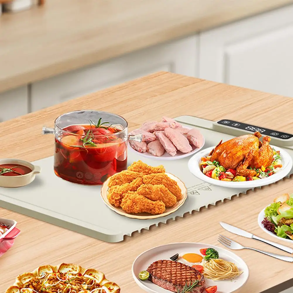 صينية تدفئة كهربائية مع درجة حرارة قابلة للتعديل، سخان طعام قابل للطي، تسخين سريع، سخان طعام، مفرش طاولة من السيليكون
